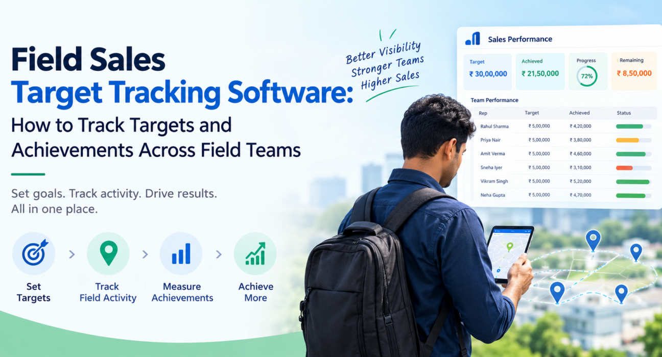 Field sales target tracking software dashboard showing sales performance, target achievement, team progress, and field representative route tracking.