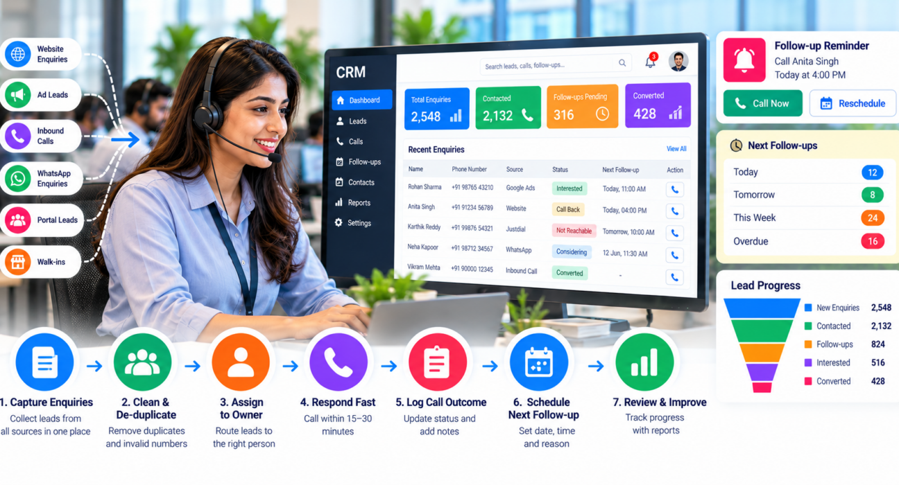 Customer enquiry management software dashboard showing lead sources, enquiry tracking, follow-up reminders, lead assignment, and sales conversion reports.