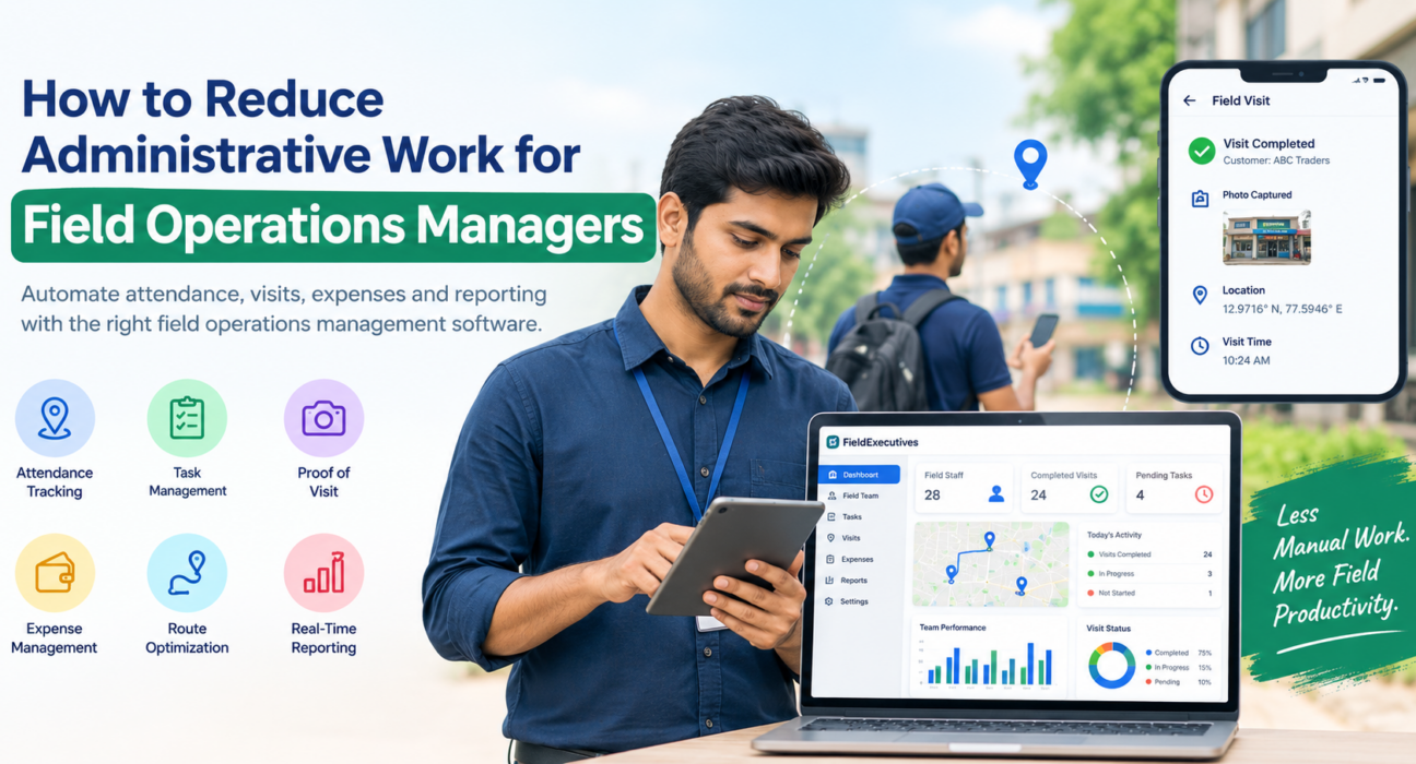 Field operations manager using software to manage attendance, tasks, visits, expenses, route optimization, and real-time reporting