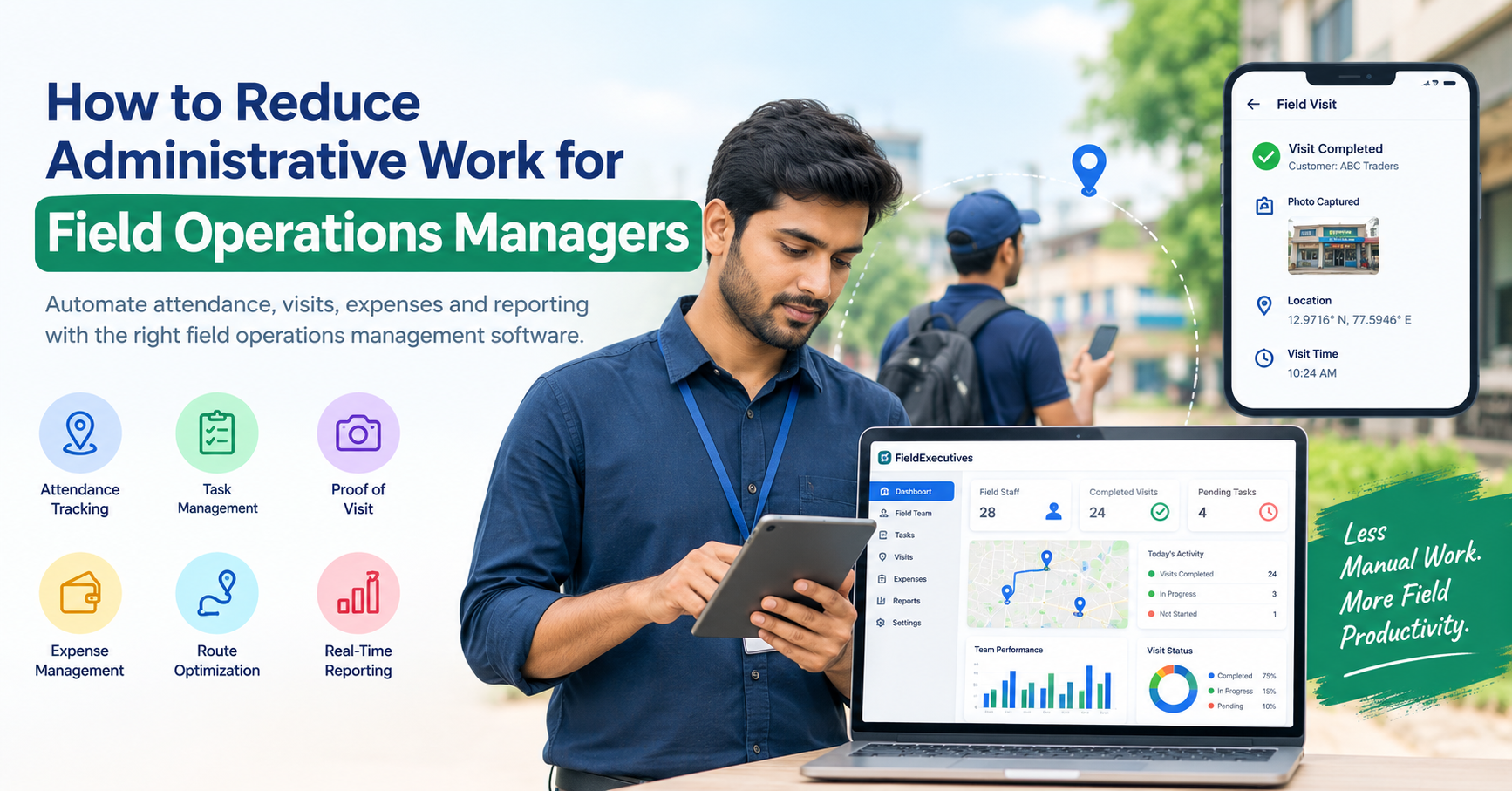Field operations manager using software to manage attendance, tasks, visits, expenses, route optimization, and real-time reporting