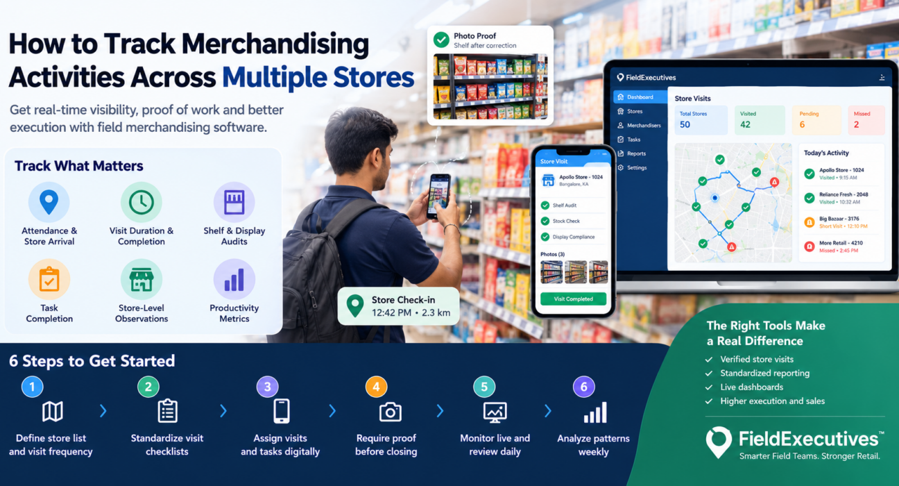 Track merchandising activities across multiple stores using FieldExecutives field merchandising software with GPS-verified store visits, shelf audit photos, task tracking, and real-time dashboards.