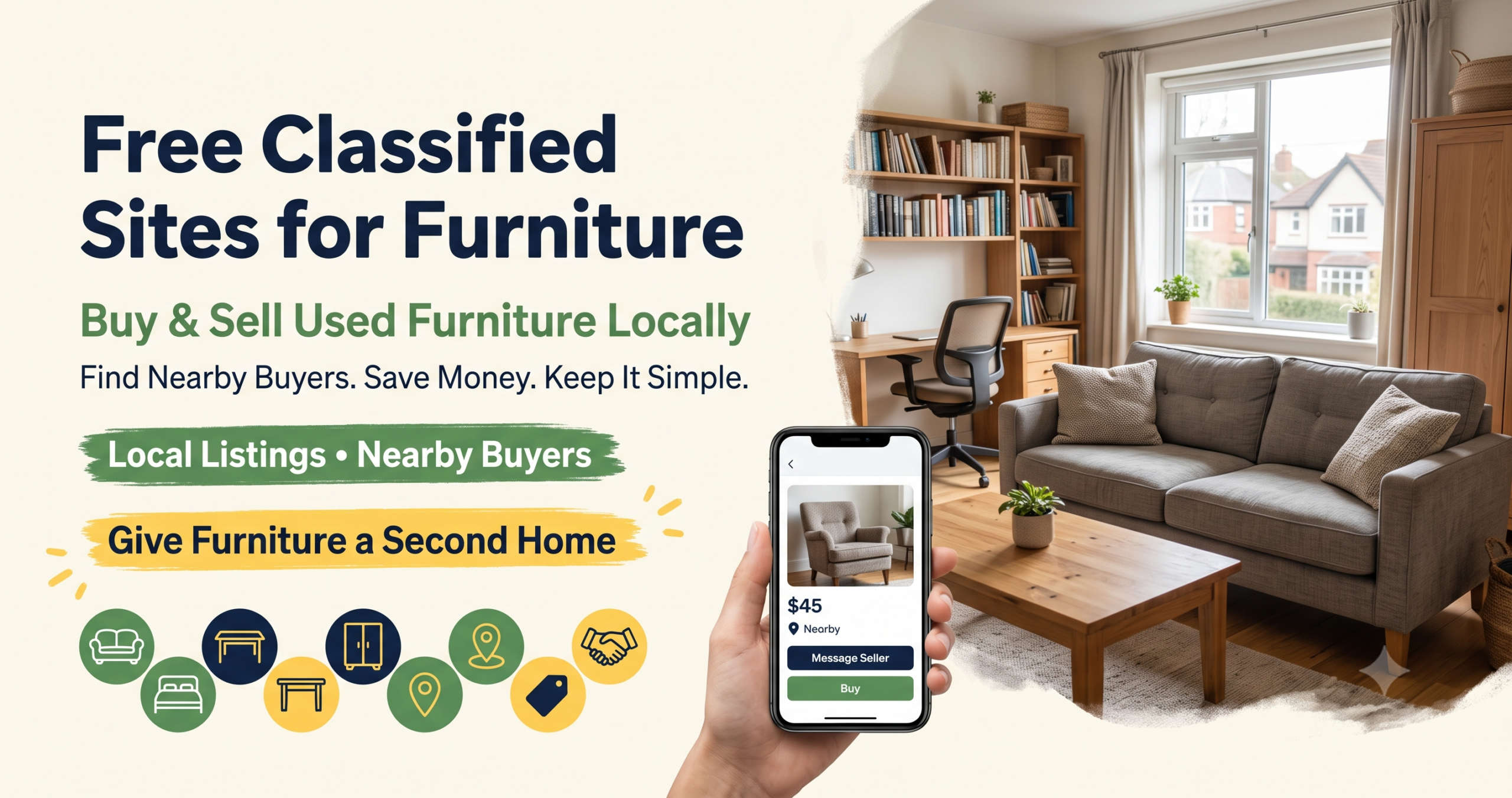 Promotional banner for free furniture classifieds featuring text on a cream background alongside a cozy living room and a hand holding a phone with a used furniture listing.
