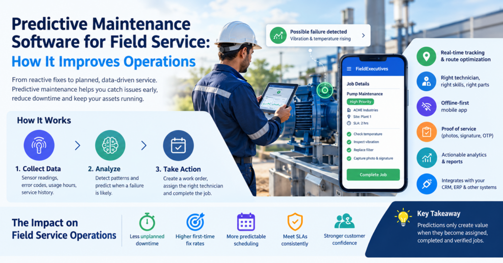 Predictive maintenance software for field service showing equipment monitoring, early failure alerts, technician task management, real-time tracking, route optimization, and improved service efficiency.