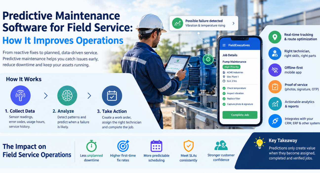 Predictive maintenance software for field service showing equipment monitoring, early failure alerts, technician task management, real-time tracking, route optimization, and improved service efficiency.