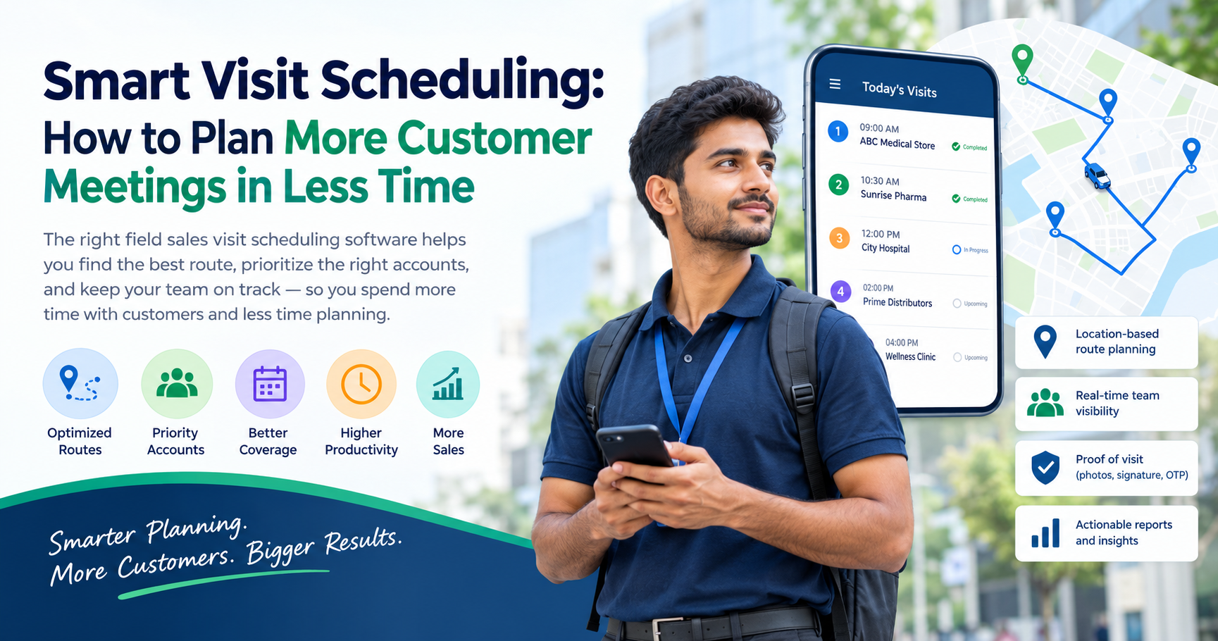 Field sales representative using visit scheduling software