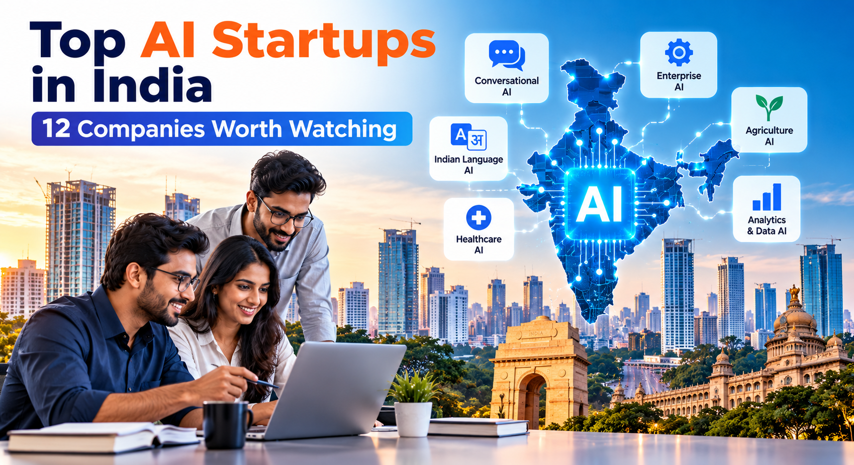 Indian AI startup professionals collaborating on technology with a digital map of India representing leading AI startups.