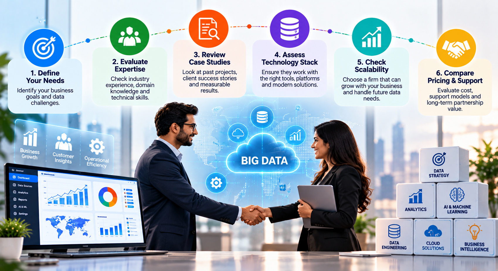 Business professionals discussing how to choose a big data consulting firm with analytics and data strategy visuals.