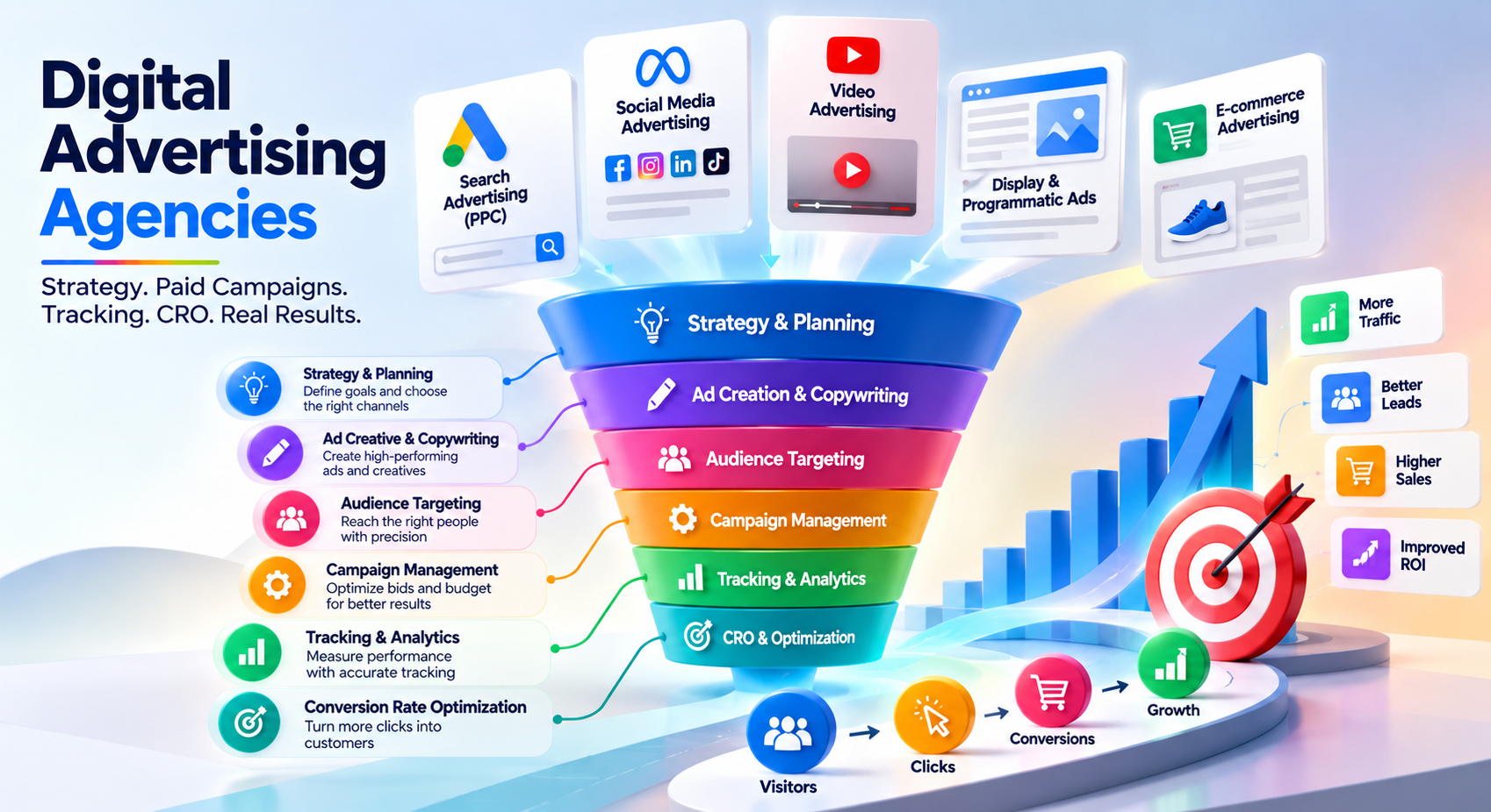 Digital advertising agencies funnel showing strategy, paid campaigns, audience targeting, analytics, CRO, and business growth